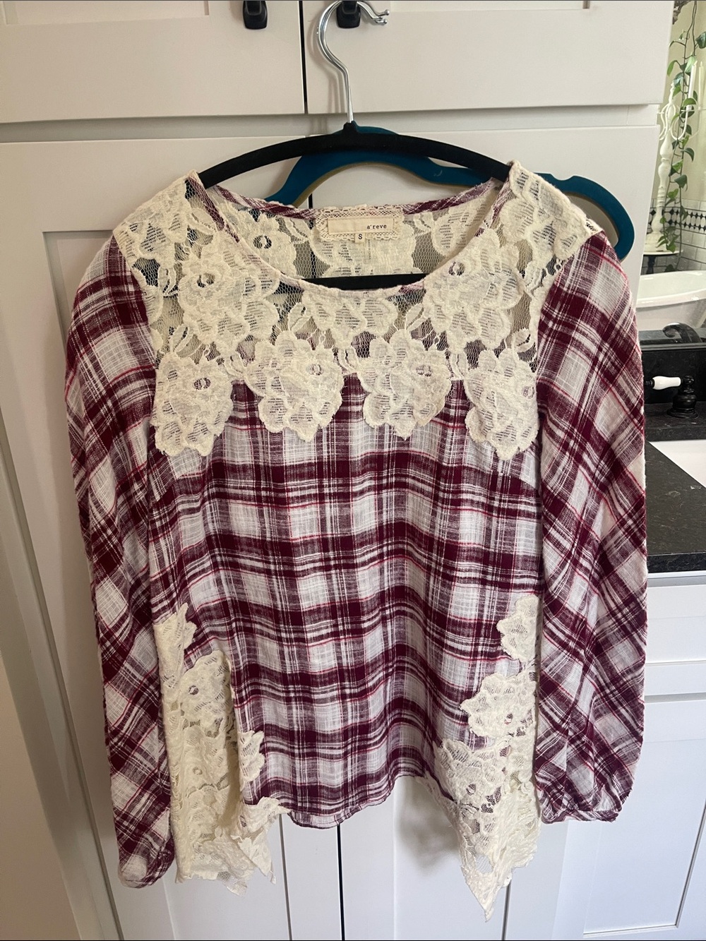 Areve Burgundy Plaid Lace Panel Blouse